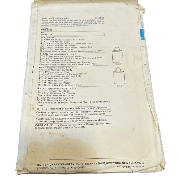 Butterick Zoo 5985 Child's Animal Appliques & Tote Sewing Pattern - Picture 2 of 2